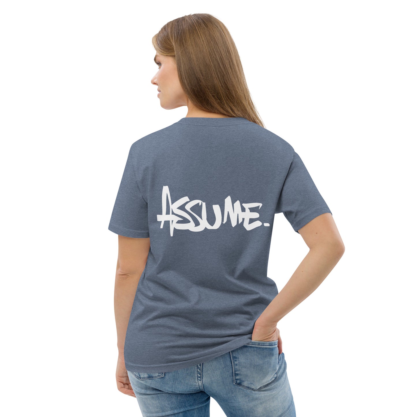 T-shirt ASSUME bleu gris unisexe en coton biologique