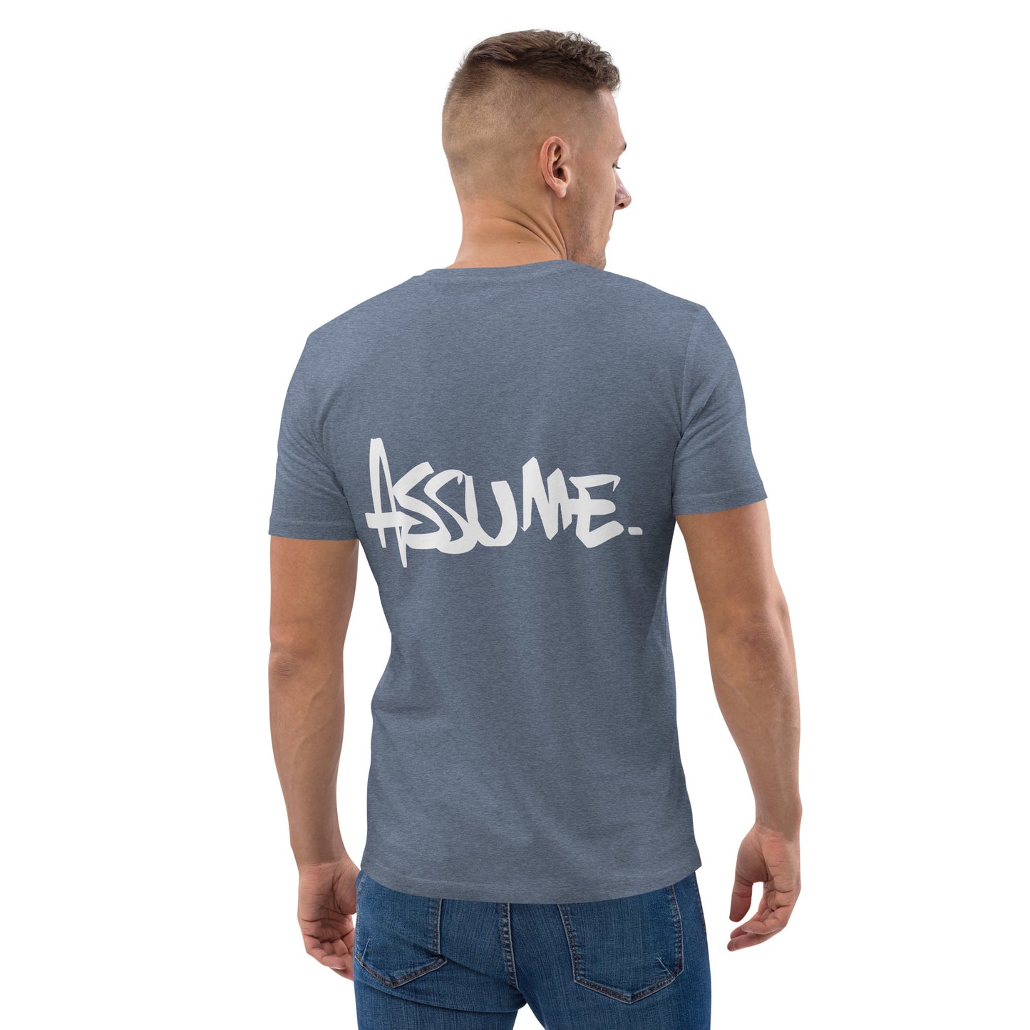 T-shirt ASSUME bleu gris unisexe en coton biologique